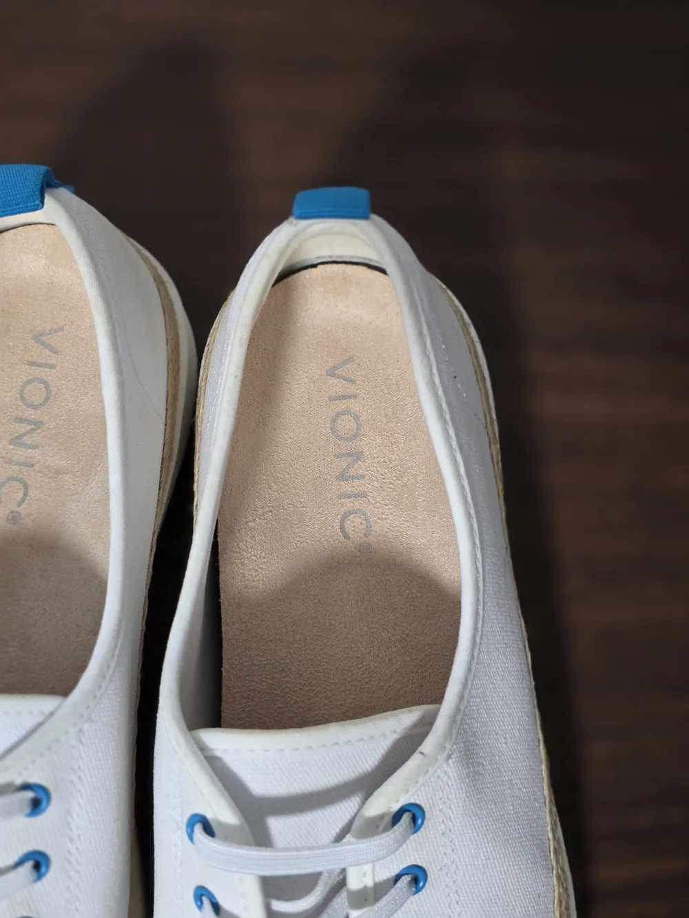 Vionic White Canvas Espadrille Sneakers with Blue Accents
